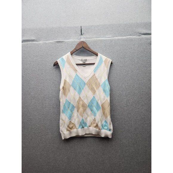 Argyle Pattern Sleeveless Sweater Vest V-Neck 100% Cotton Blue/Beige/Ivory Color - Picture 1 of 4